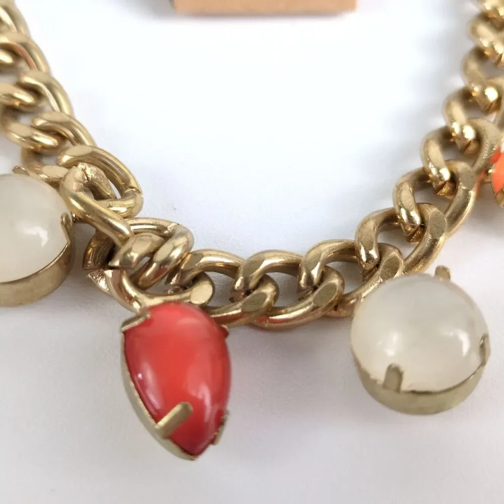 Peach & White Moonstone Goldtone Chain Necklace Earring Set Boho Estate‎ Jewelry